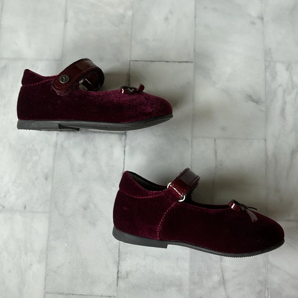 Naturino Burgundy Velvet Mary Jane Flats with Bows